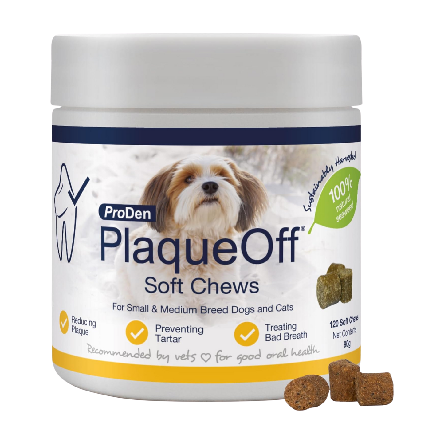 ProDen PlaqueOff 120 Soft Chews | Natural Plaque, Tartar & Bad Breath Remover for Small or Medium Dogs | Works Systemically Not by Abrasion or Chewing