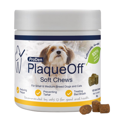 ProDen PlaqueOff 120 Soft Chews | Natural Plaque, Tartar & Bad Breath Remover for Small or Medium Dogs | Works Systemically Not by Abrasion or Chewing