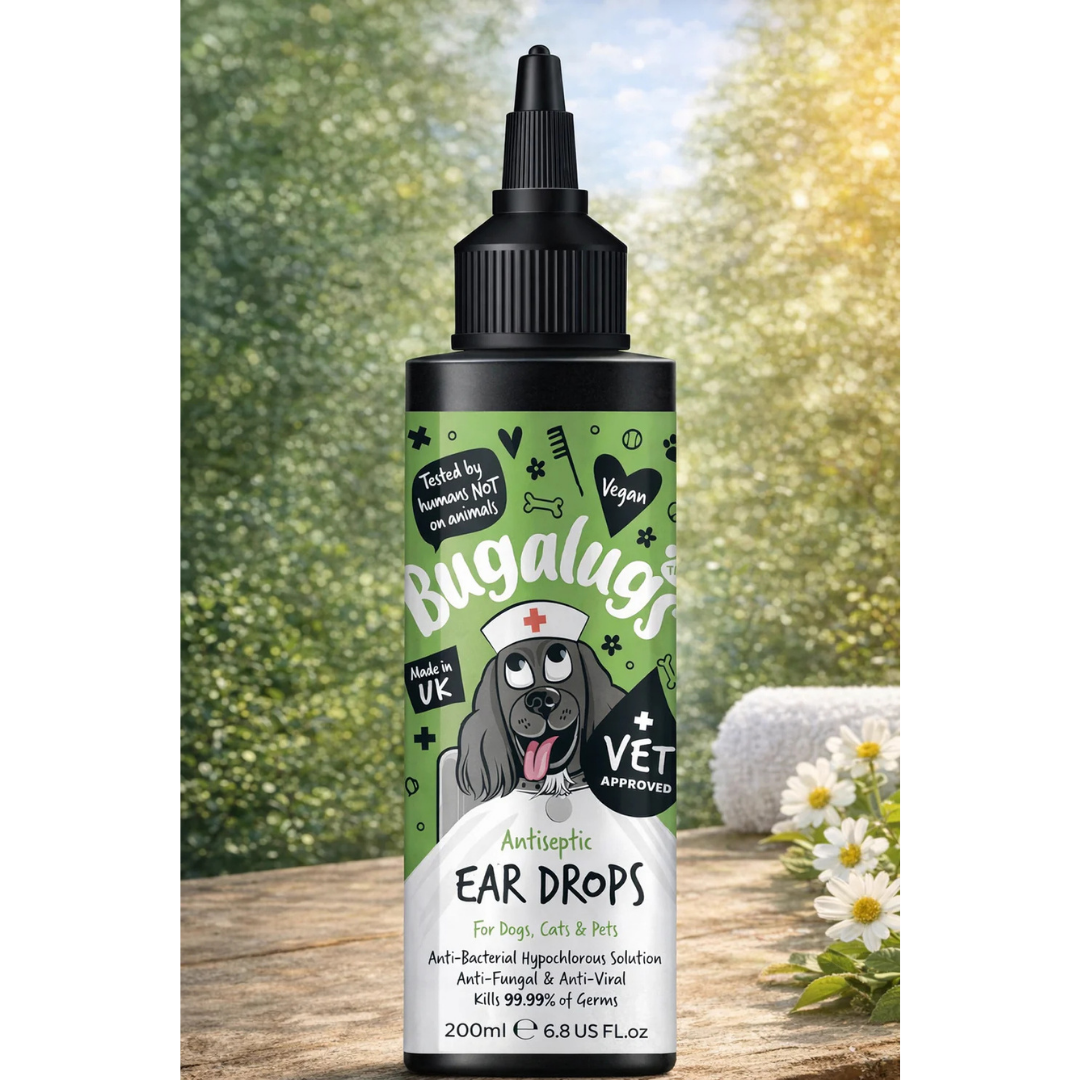 BUGALUGS Antiseptic Ear Drops 200ml – Ear Disinfection, Kills bacteria, Stops Odours, Scratching & Discomfort, Anti-fungal (Yeast), Veterinary-grade, for Dogs, Cats & all other animals