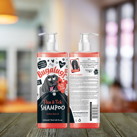 Flea and Tick Dog Shampoo by Bugalugs, Works on Smelly Puppies & Dogs, Contains Neem Oil & Eucalyptus Oils, PH Balanced Vegan Pet Shampoo, Used by Professional Groom