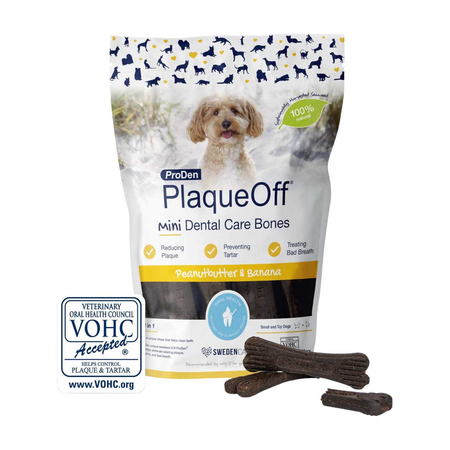 ProDen PlaqueOff 20 Mini Dental Bones for Small and Toy Dogs Tartar, Plaque & Bad Breath Remover, Improves Overall Oral Health(Peanut Butter & Banana)