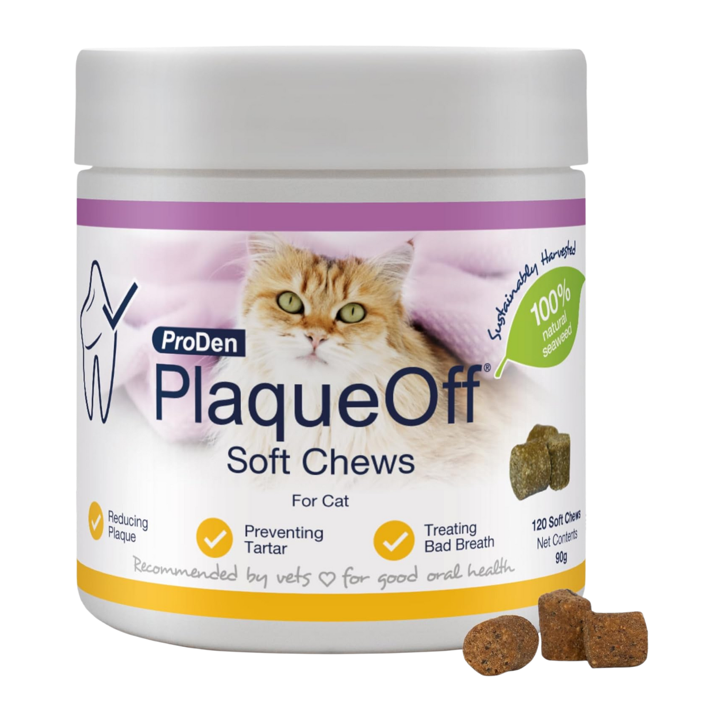 ProDen PlaqueOff 120 Soft Chews | Natural Plaque, Tartar & Bad Breath Remover for Cats | Works Systemically Not by Abrasion or Chewing