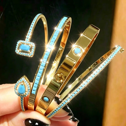Brilliant Blue Turquoise Stainless Steel Stacking Bracelets for Women – Gold Plated, Colorfast, Trendy Fashion Jewelry