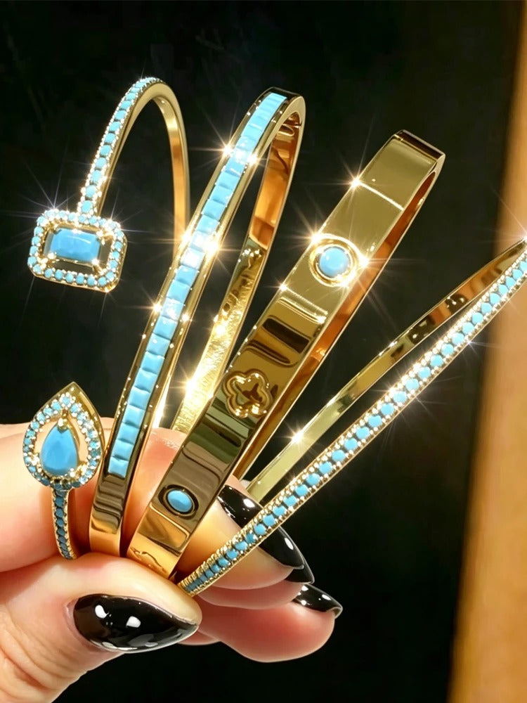 Brilliant Blue Turquoise Stainless Steel Stacking Bracelets for Women – Gold Plated, Colorfast, Trendy Fashion Jewelry