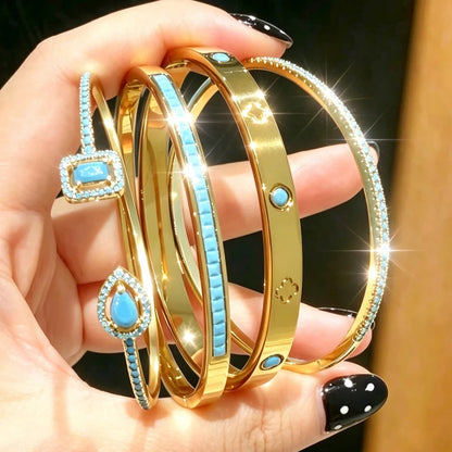 Brilliant Blue Turquoise Stainless Steel Stacking Bracelets for Women – Gold Plated, Colorfast, Trendy Fashion Jewelry
