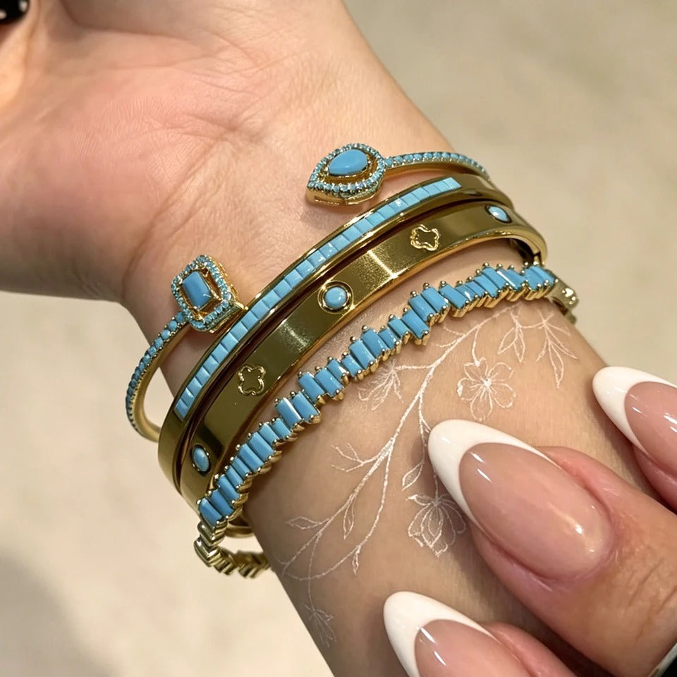 Brilliant Blue Turquoise Stainless Steel Stacking Bracelets for Women – Gold Plated, Colorfast, Trendy Fashion Jewelry